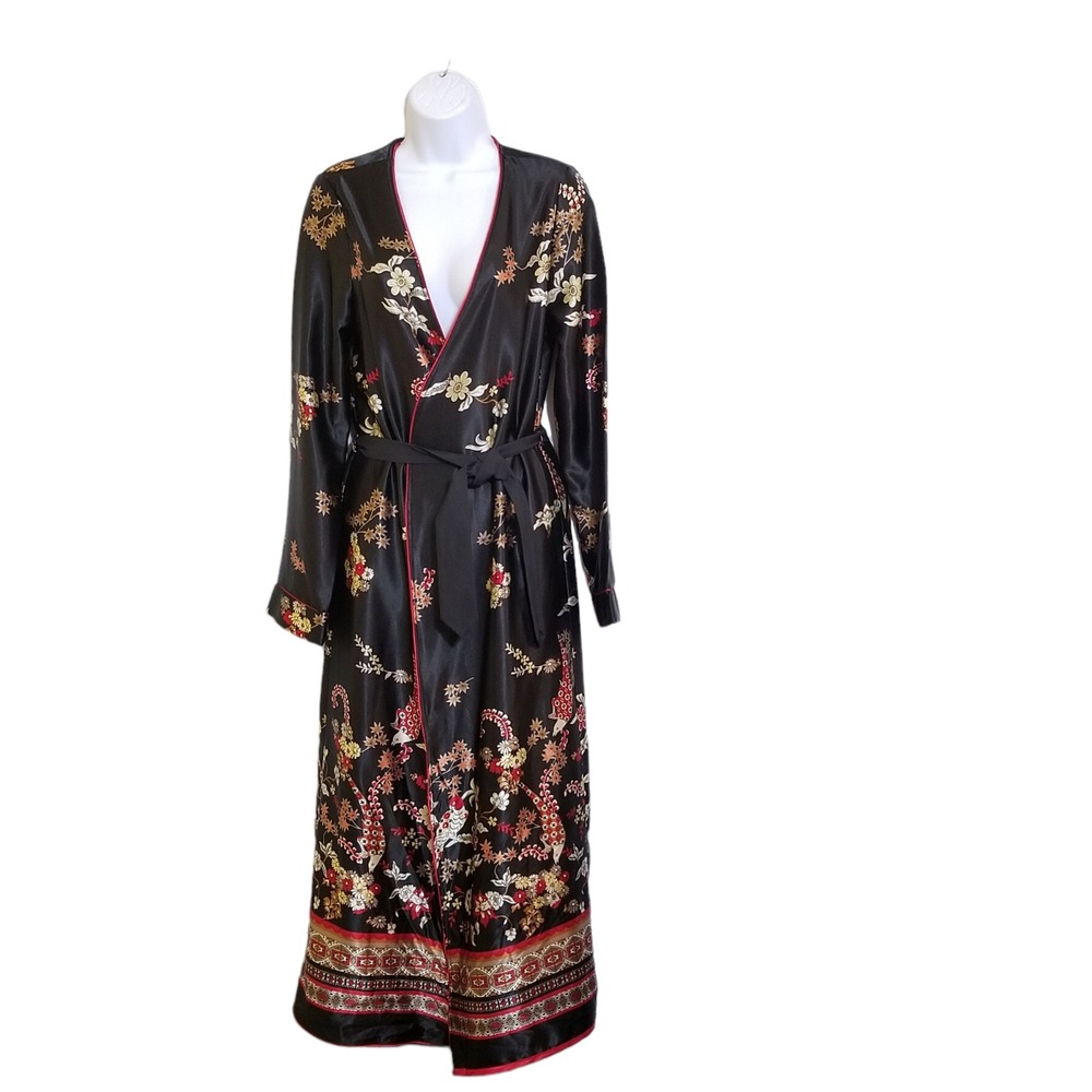 Honey Punch Robe Womens S Black Floral Print Satin Kimono Maxi Belted